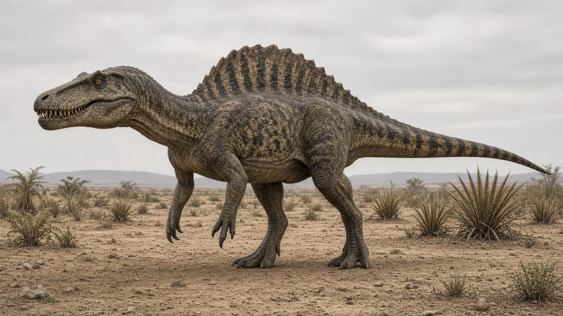 Reconstruction of Acrocanthosaurus, a large carnivore theropod from the Cretaceous period.