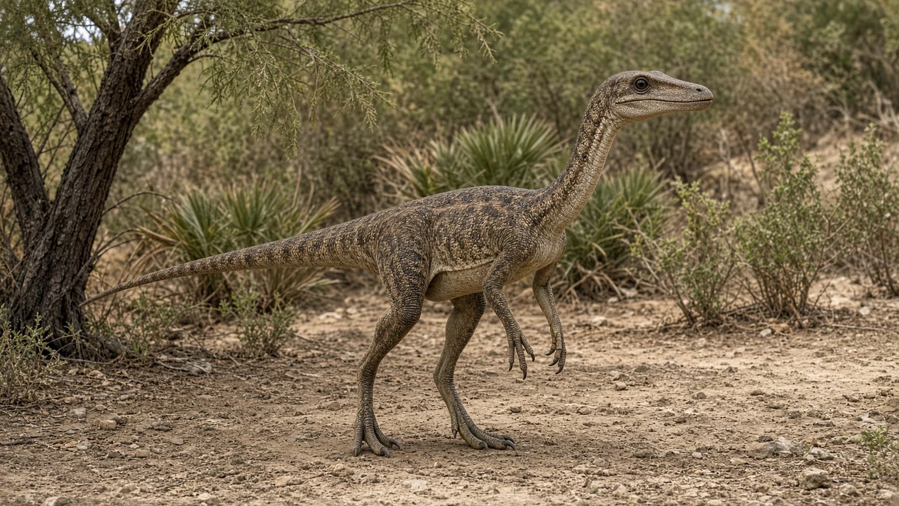 Reconstruction of Compsognathus, a small carnivore theropod from the Jurassic period.