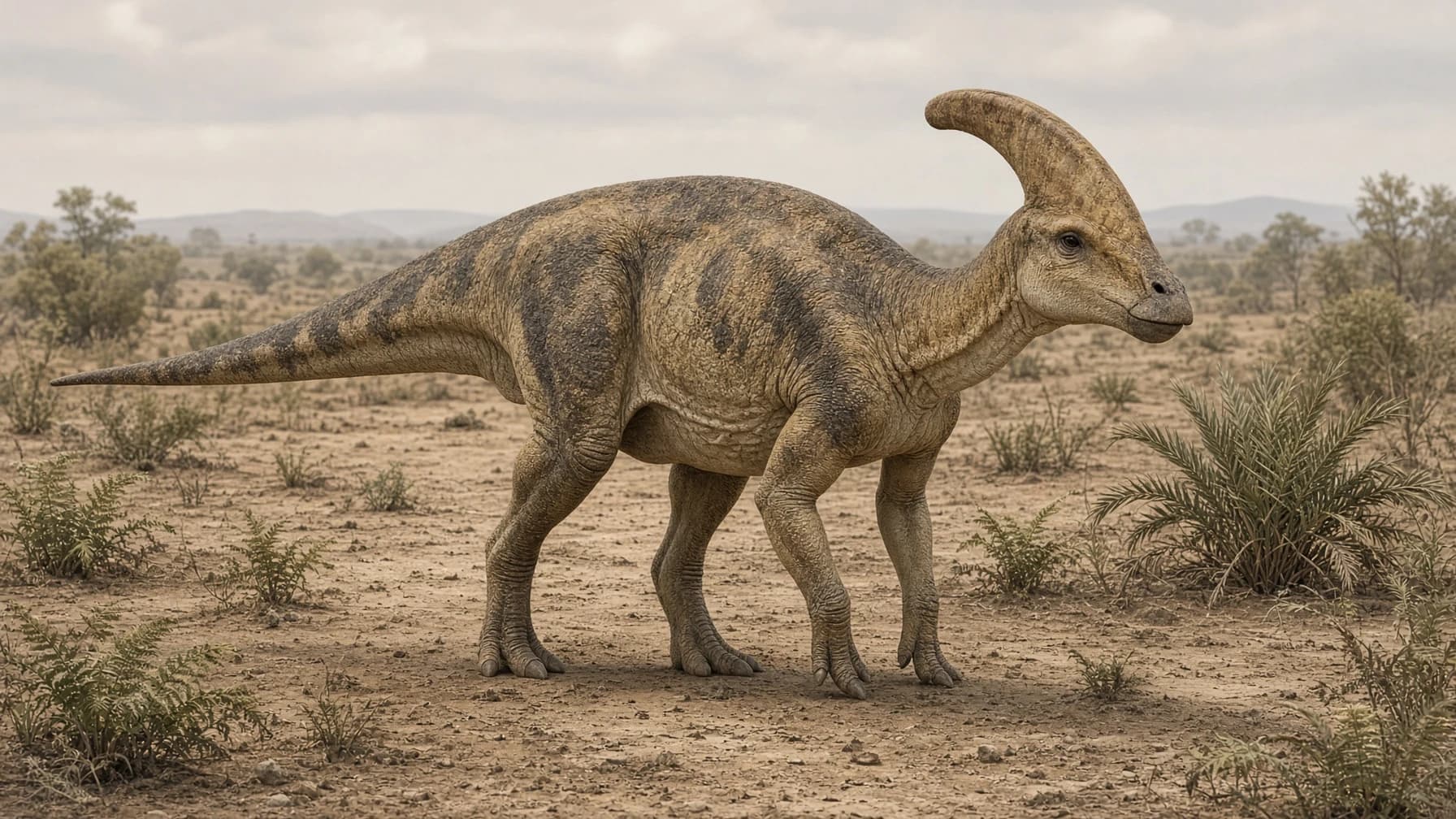 Reconstruction of Corythosaurus, a medium herbivore ornithischian from the Cretaceous period.