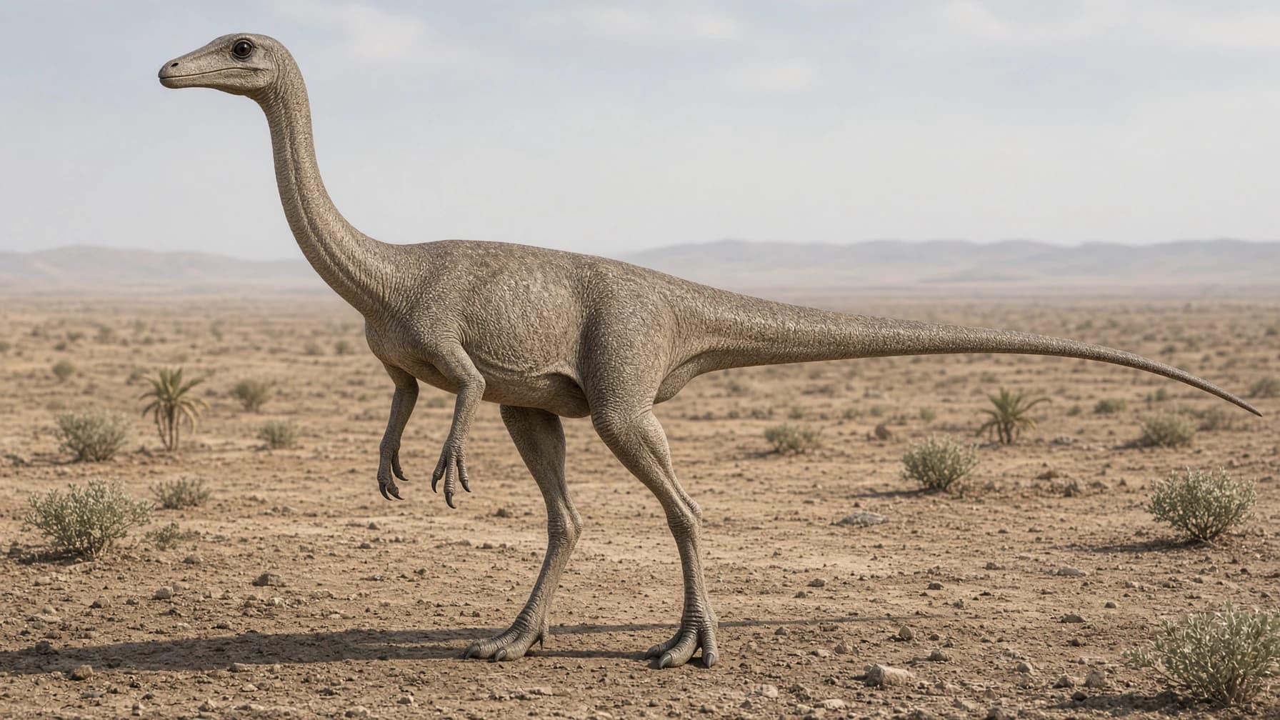 Reconstruction of Gallimimus, a medium omnivore theropod from the Cretaceous period.