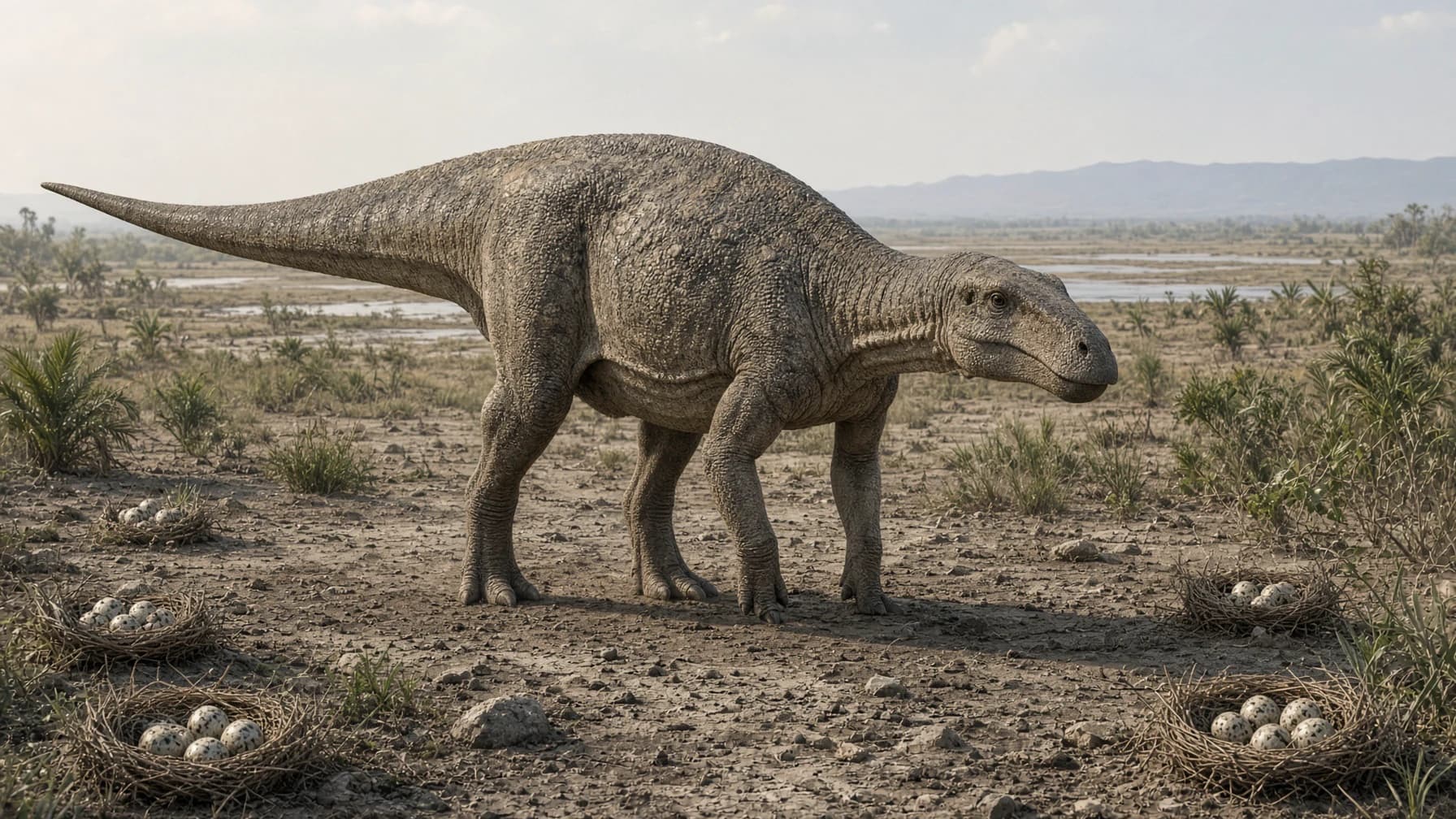 Reconstruction of Maiasaura, a medium herbivore ornithischian from the Cretaceous period.