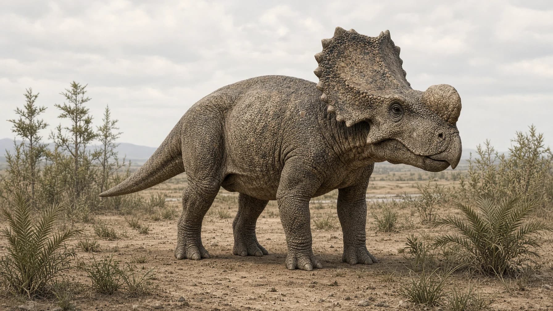 Reconstruction of Pachyrhinosaurus, a herbivore ornithischian from the Cretaceous period.