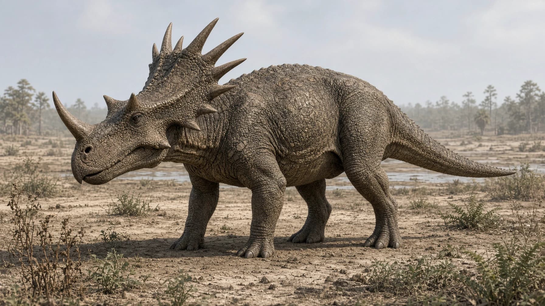 Reconstruction of Styracosaurus, a medium herbivore ornithischian from the Cretaceous period.