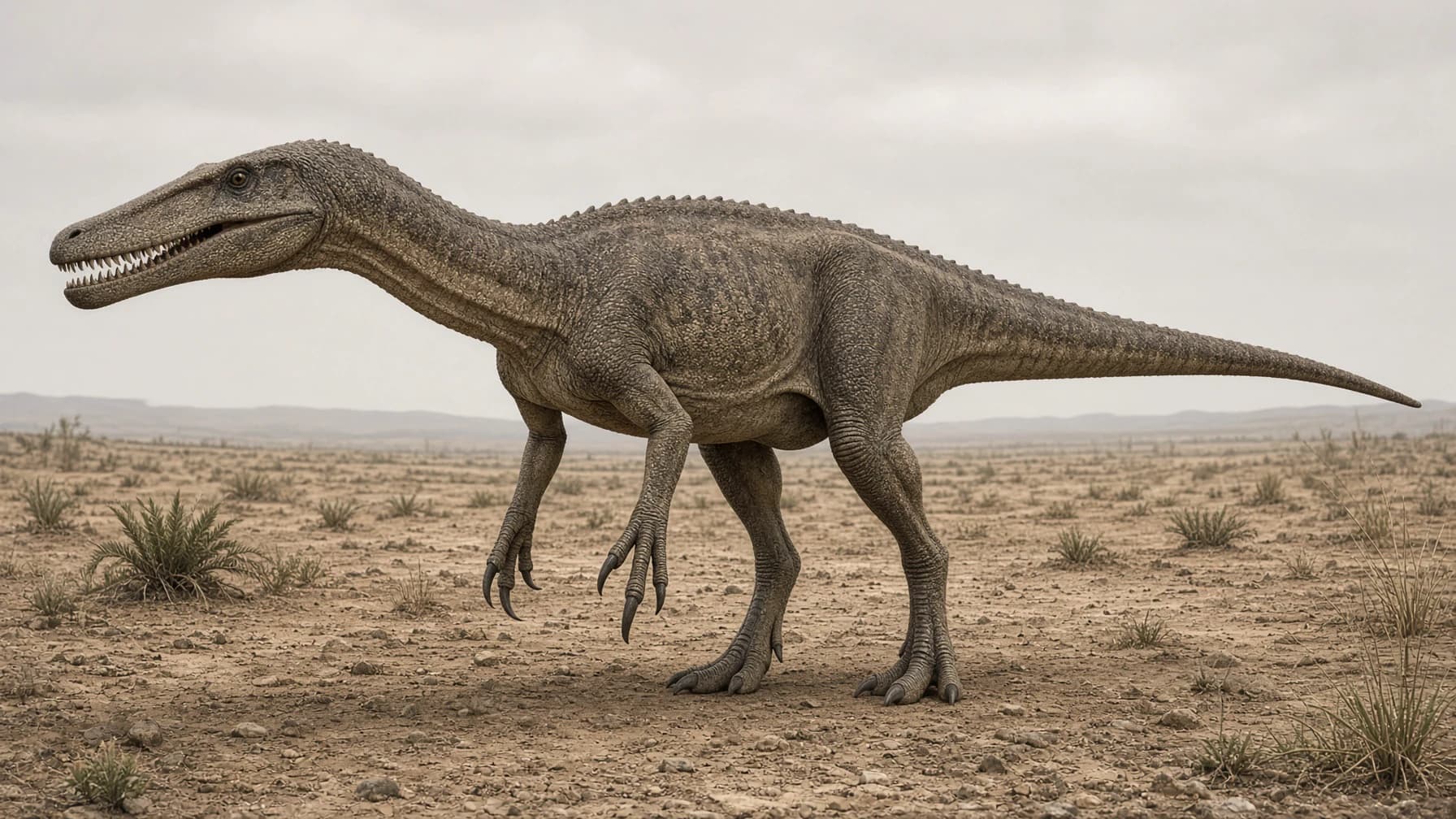 Reconstruction of Suchomimus, a carnivore theropod from the Cretaceous period.