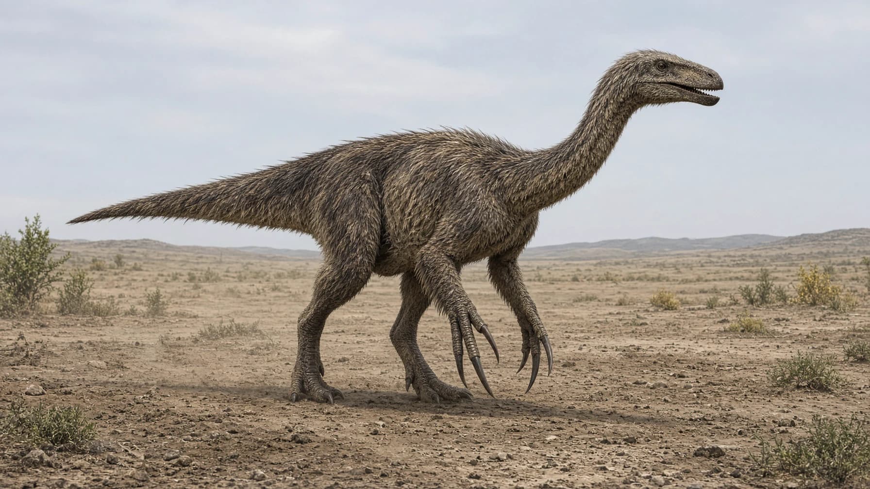 Reconstruction of Therizinosaurus, a large herbivore theropod from the Cretaceous period.